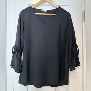 Chic Black V-Neck Blouse with Tie Sleeves
